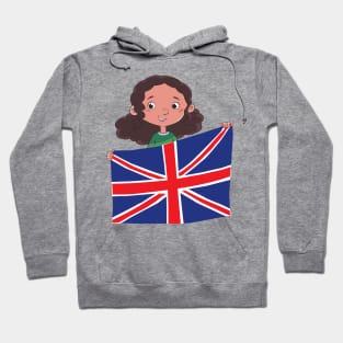 girl holding a large spread British flag Hoodie